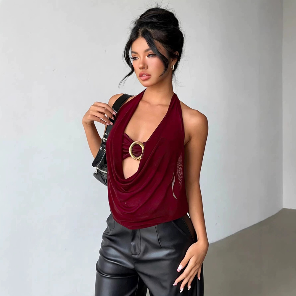 Zara Pure Color Halter Draped Mesh Sheer Top Metal Ring Cutout Backless